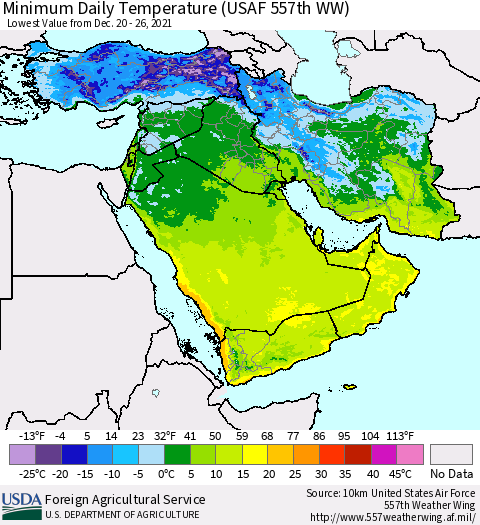 Middle East and Turkey Minimum Daily Temperature (USAF 557th WW) Thematic Map For 12/20/2021 - 12/26/2021