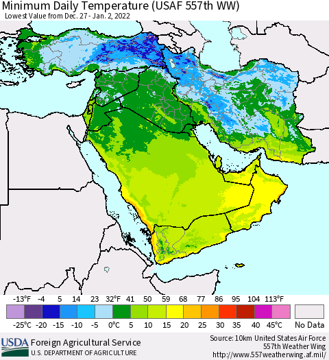 Middle East and Turkey Minimum Daily Temperature (USAF 557th WW) Thematic Map For 12/27/2021 - 1/2/2022