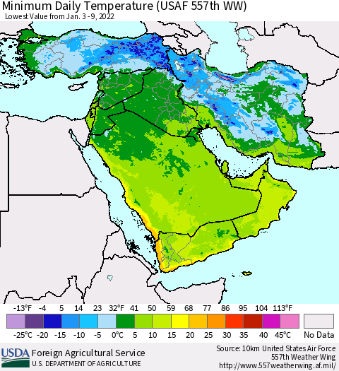 Middle East and Turkey Minimum Daily Temperature (USAF 557th WW) Thematic Map For 1/3/2022 - 1/9/2022