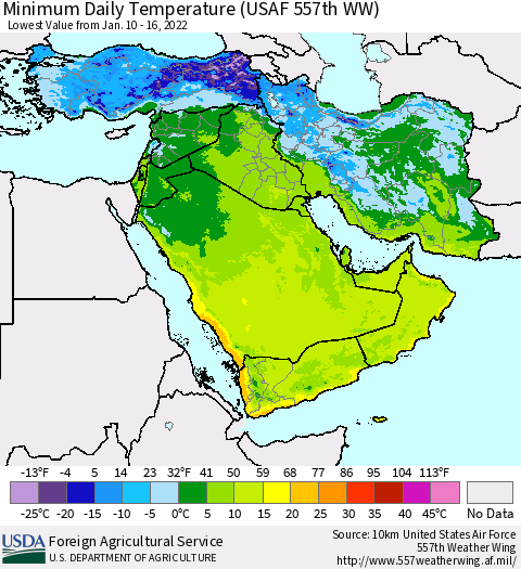 Middle East and Turkey Minimum Daily Temperature (USAF 557th WW) Thematic Map For 1/10/2022 - 1/16/2022