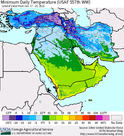 Middle East and Turkey Minimum Daily Temperature (USAF 557th WW) Thematic Map For 1/17/2022 - 1/23/2022