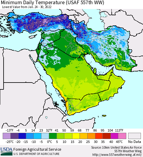 Middle East and Turkey Minimum Daily Temperature (USAF 557th WW) Thematic Map For 1/24/2022 - 1/30/2022