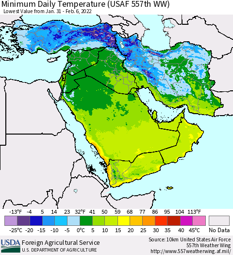Middle East and Turkey Minimum Daily Temperature (USAF 557th WW) Thematic Map For 1/31/2022 - 2/6/2022