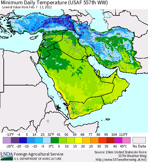 Middle East and Turkey Minimum Daily Temperature (USAF 557th WW) Thematic Map For 2/7/2022 - 2/13/2022