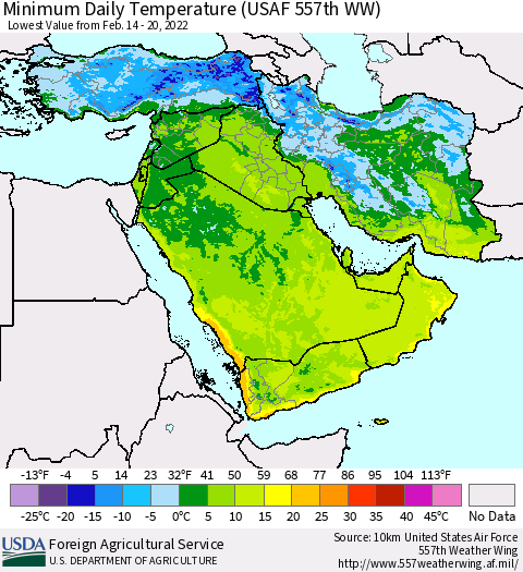 Middle East and Turkey Minimum Daily Temperature (USAF 557th WW) Thematic Map For 2/14/2022 - 2/20/2022