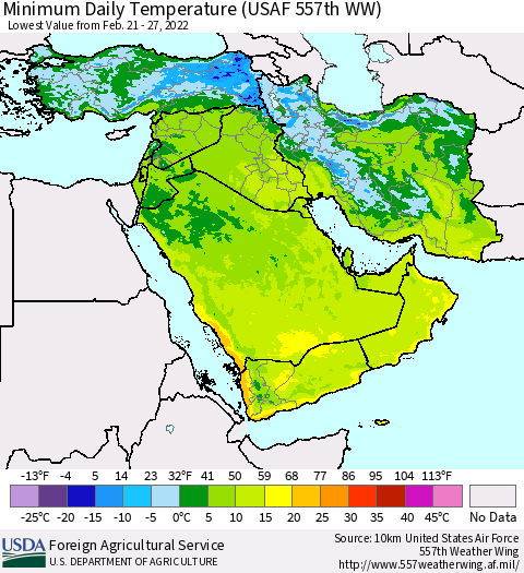 Middle East and Turkey Minimum Daily Temperature (USAF 557th WW) Thematic Map For 2/21/2022 - 2/27/2022
