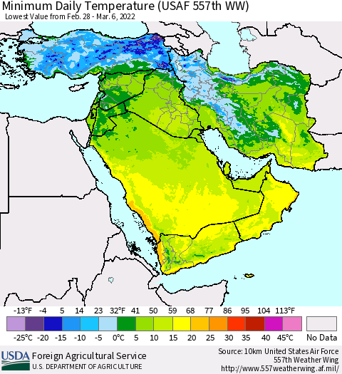 Middle East and Turkey Minimum Daily Temperature (USAF 557th WW) Thematic Map For 2/28/2022 - 3/6/2022