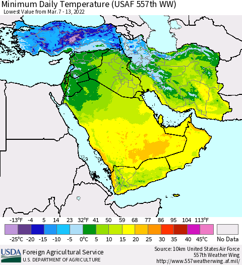 Middle East and Turkey Minimum Daily Temperature (USAF 557th WW) Thematic Map For 3/7/2022 - 3/13/2022