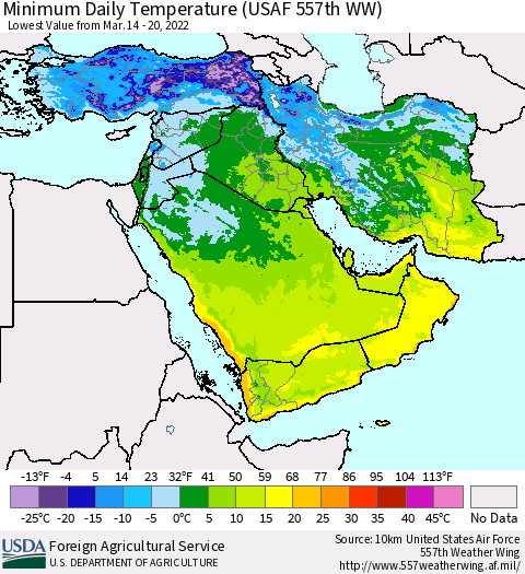 Middle East and Turkey Minimum Daily Temperature (USAF 557th WW) Thematic Map For 3/14/2022 - 3/20/2022