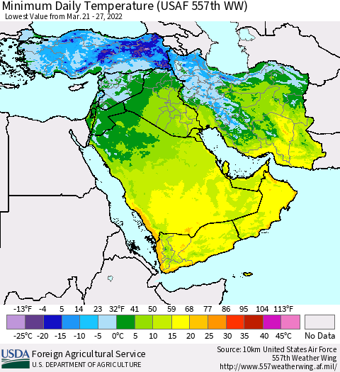 Middle East and Turkey Minimum Daily Temperature (USAF 557th WW) Thematic Map For 3/21/2022 - 3/27/2022