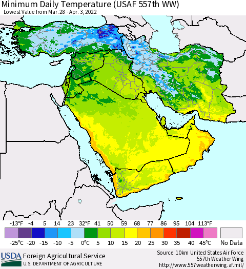 Middle East and Turkey Minimum Daily Temperature (USAF 557th WW) Thematic Map For 3/28/2022 - 4/3/2022