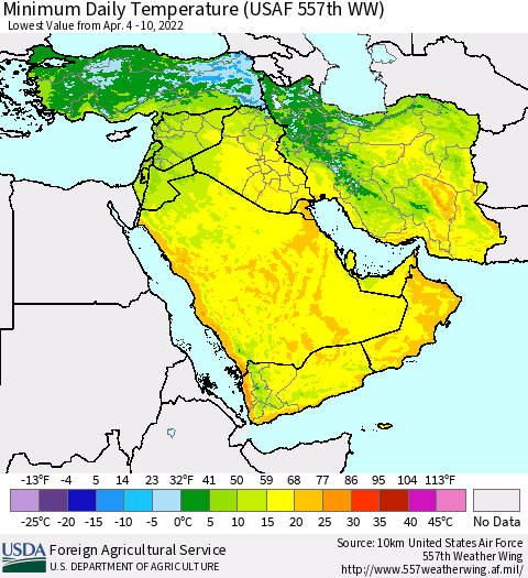 Middle East and Turkey Minimum Daily Temperature (USAF 557th WW) Thematic Map For 4/4/2022 - 4/10/2022