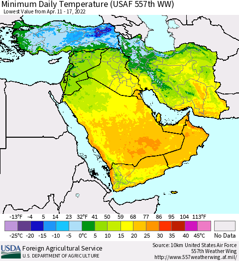 Middle East and Turkey Minimum Daily Temperature (USAF 557th WW) Thematic Map For 4/11/2022 - 4/17/2022