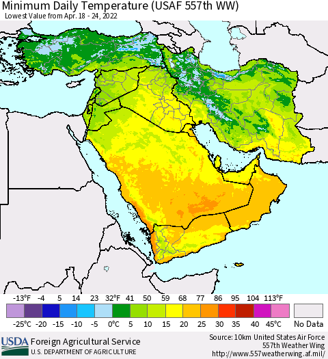 Middle East and Turkey Minimum Daily Temperature (USAF 557th WW) Thematic Map For 4/18/2022 - 4/24/2022