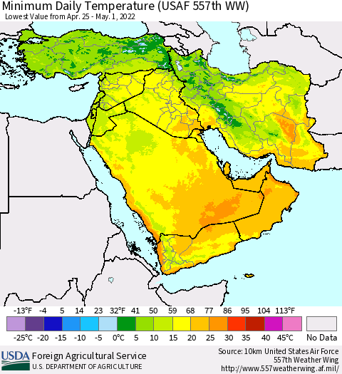 Middle East and Turkey Minimum Daily Temperature (USAF 557th WW) Thematic Map For 4/25/2022 - 5/1/2022