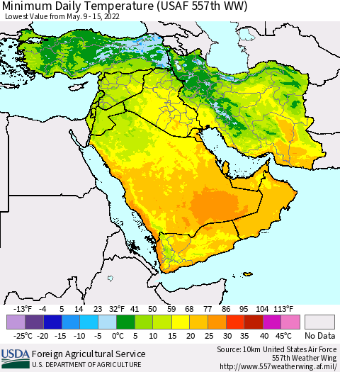 Middle East and Turkey Minimum Daily Temperature (USAF 557th WW) Thematic Map For 5/9/2022 - 5/15/2022