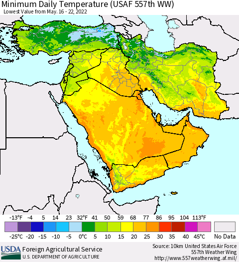 Middle East and Turkey Minimum Daily Temperature (USAF 557th WW) Thematic Map For 5/16/2022 - 5/22/2022