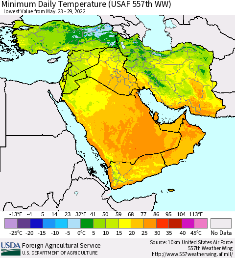 Middle East and Turkey Minimum Daily Temperature (USAF 557th WW) Thematic Map For 5/23/2022 - 5/29/2022