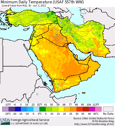 Middle East and Turkey Minimum Daily Temperature (USAF 557th WW) Thematic Map For 5/30/2022 - 6/5/2022