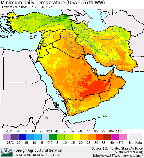 Middle East and Turkey Minimum Daily Temperature (USAF 557th WW) Thematic Map For 6/20/2022 - 6/26/2022