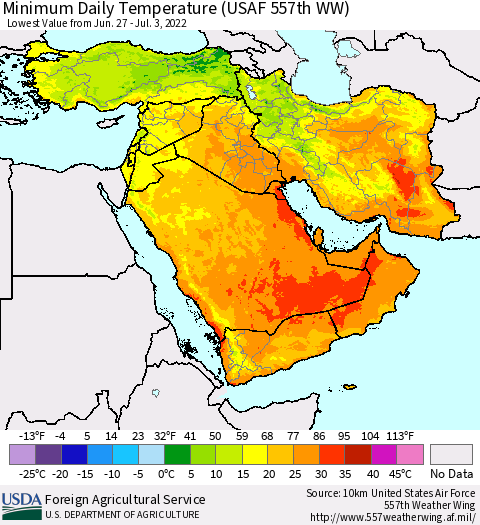 Middle East and Turkey Minimum Daily Temperature (USAF 557th WW) Thematic Map For 6/27/2022 - 7/3/2022