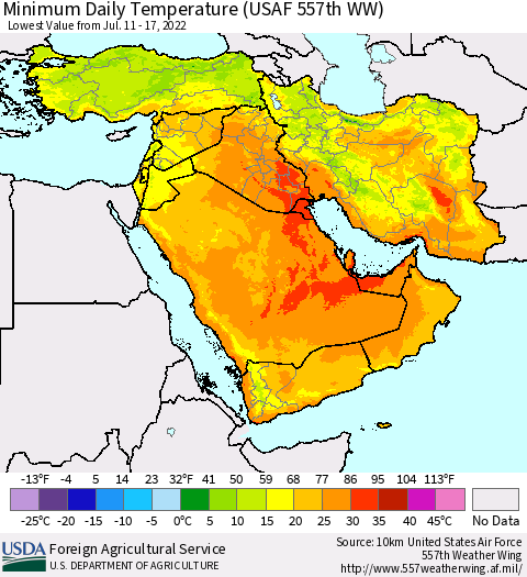 Middle East and Turkey Minimum Daily Temperature (USAF 557th WW) Thematic Map For 7/11/2022 - 7/17/2022