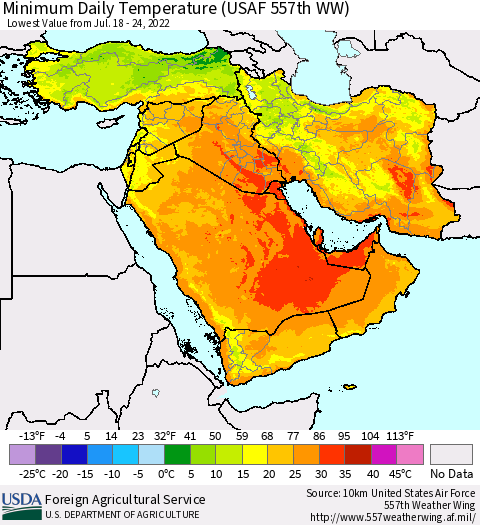Middle East and Turkey Minimum Daily Temperature (USAF 557th WW) Thematic Map For 7/18/2022 - 7/24/2022