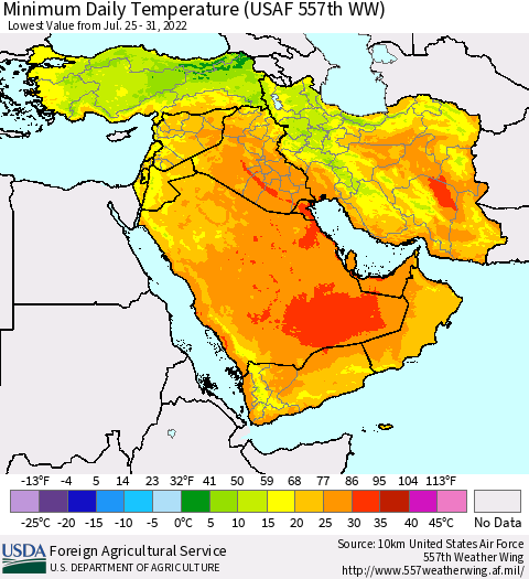 Middle East and Turkey Minimum Daily Temperature (USAF 557th WW) Thematic Map For 7/25/2022 - 7/31/2022