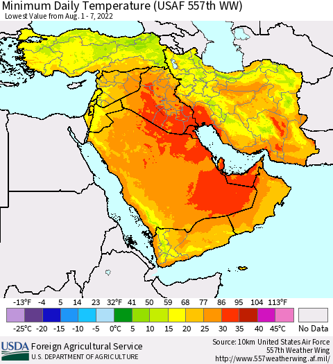 Middle East and Turkey Minimum Daily Temperature (USAF 557th WW) Thematic Map For 8/1/2022 - 8/7/2022