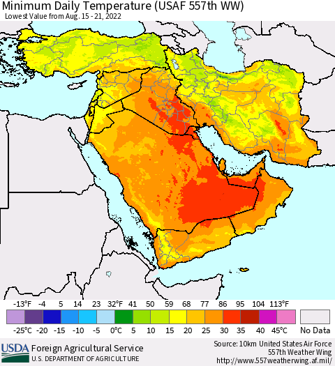 Middle East and Turkey Minimum Daily Temperature (USAF 557th WW) Thematic Map For 8/15/2022 - 8/21/2022