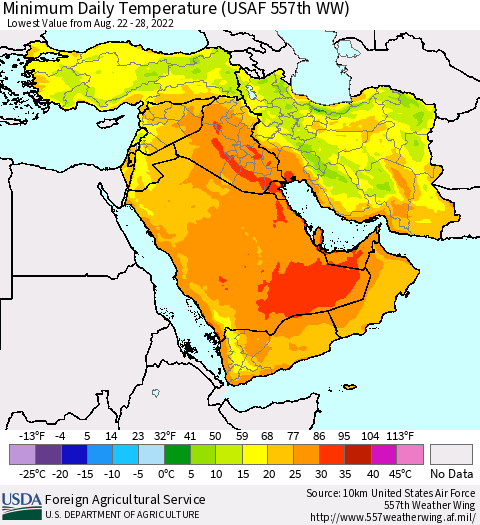 Middle East and Turkey Minimum Daily Temperature (USAF 557th WW) Thematic Map For 8/22/2022 - 8/28/2022