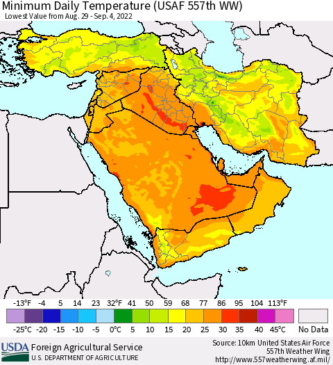 Middle East and Turkey Minimum Daily Temperature (USAF 557th WW) Thematic Map For 8/29/2022 - 9/4/2022