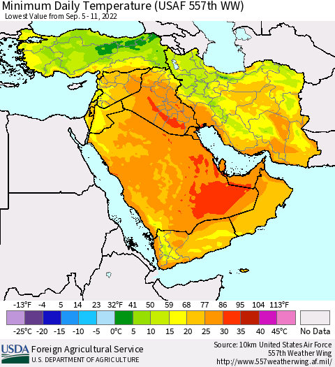 Middle East and Turkey Minimum Daily Temperature (USAF 557th WW) Thematic Map For 9/5/2022 - 9/11/2022