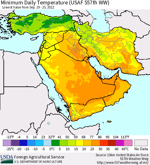 Middle East and Turkey Minimum Daily Temperature (USAF 557th WW) Thematic Map For 9/19/2022 - 9/25/2022