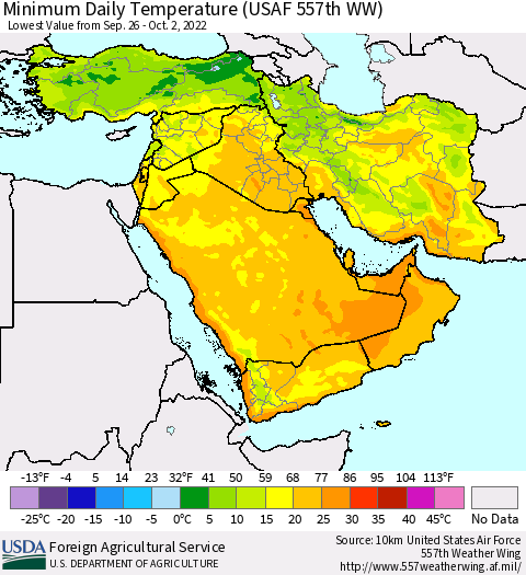 Middle East and Turkey Minimum Daily Temperature (USAF 557th WW) Thematic Map For 9/26/2022 - 10/2/2022