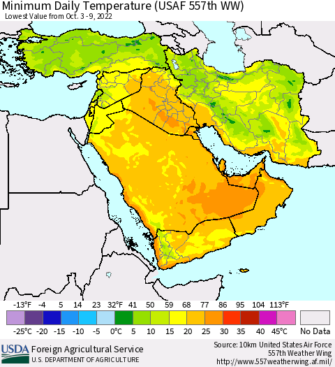 Middle East and Turkey Minimum Daily Temperature (USAF 557th WW) Thematic Map For 10/3/2022 - 10/9/2022