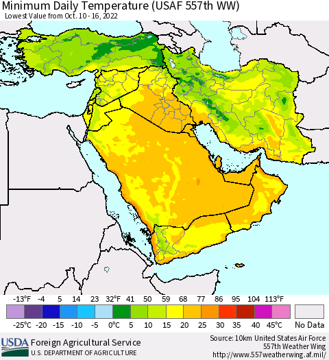 Middle East and Turkey Minimum Daily Temperature (USAF 557th WW) Thematic Map For 10/10/2022 - 10/16/2022