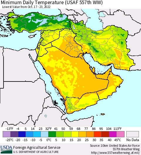 Middle East and Turkey Minimum Daily Temperature (USAF 557th WW) Thematic Map For 10/17/2022 - 10/23/2022