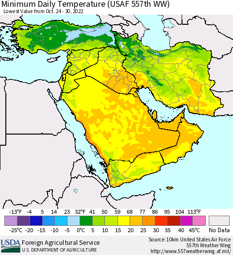 Middle East and Turkey Minimum Daily Temperature (USAF 557th WW) Thematic Map For 10/24/2022 - 10/30/2022