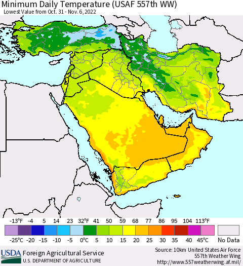 Middle East and Turkey Minimum Daily Temperature (USAF 557th WW) Thematic Map For 10/31/2022 - 11/6/2022