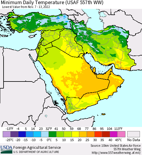 Middle East and Turkey Minimum Daily Temperature (USAF 557th WW) Thematic Map For 11/7/2022 - 11/13/2022