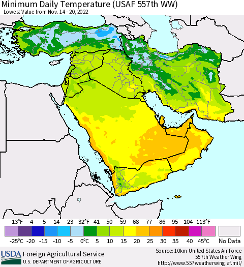 Middle East and Turkey Minimum Daily Temperature (USAF 557th WW) Thematic Map For 11/14/2022 - 11/20/2022