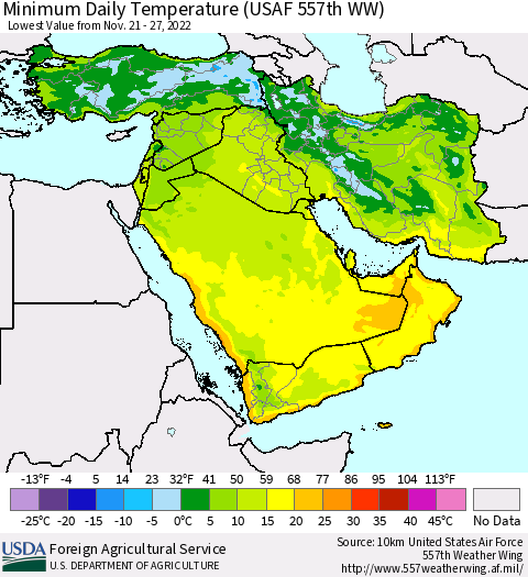 Middle East and Turkey Minimum Daily Temperature (USAF 557th WW) Thematic Map For 11/21/2022 - 11/27/2022