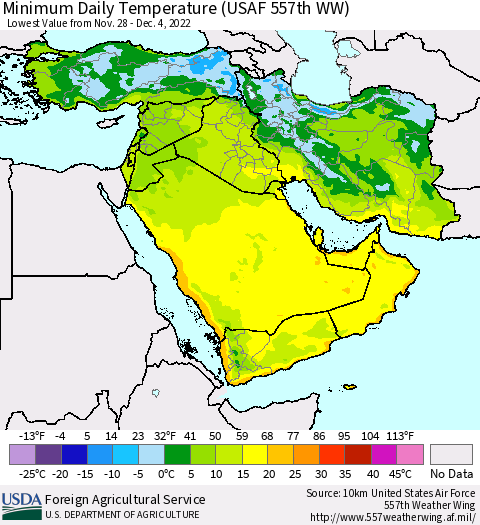 Middle East and Turkey Minimum Daily Temperature (USAF 557th WW) Thematic Map For 11/28/2022 - 12/4/2022