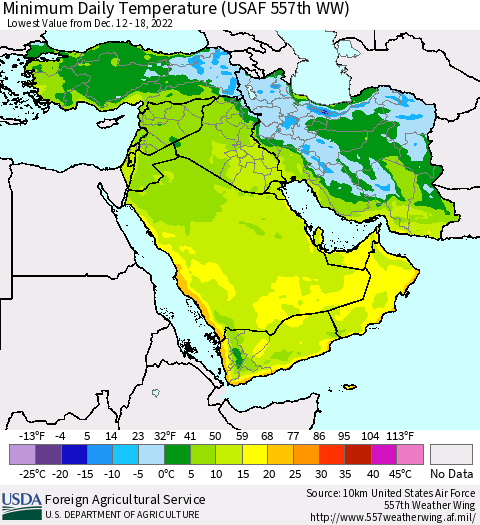 Middle East and Turkey Minimum Daily Temperature (USAF 557th WW) Thematic Map For 12/12/2022 - 12/18/2022