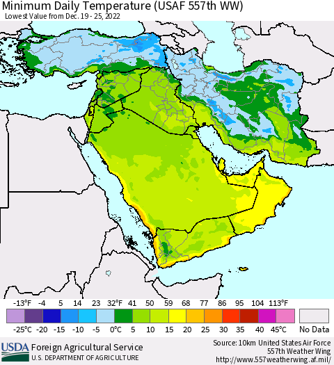 Middle East and Turkey Minimum Daily Temperature (USAF 557th WW) Thematic Map For 12/19/2022 - 12/25/2022
