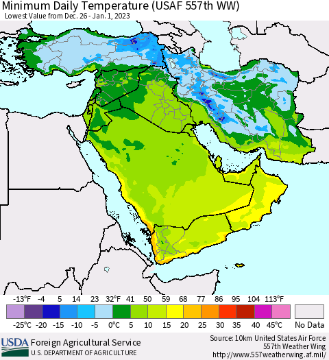 Middle East and Turkey Minimum Daily Temperature (USAF 557th WW) Thematic Map For 12/26/2022 - 1/1/2023