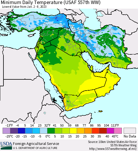 Middle East and Turkey Minimum Daily Temperature (USAF 557th WW) Thematic Map For 1/2/2023 - 1/8/2023