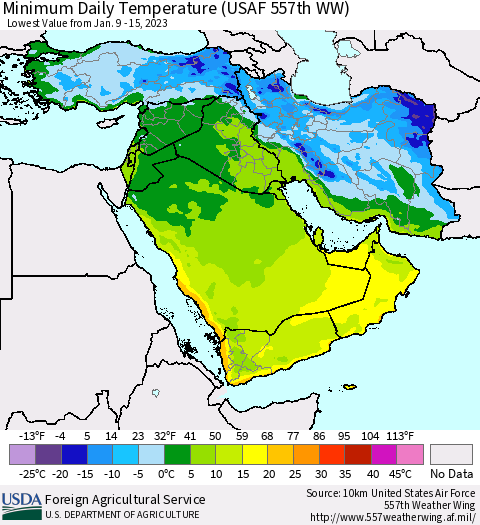 Middle East and Turkey Minimum Daily Temperature (USAF 557th WW) Thematic Map For 1/9/2023 - 1/15/2023