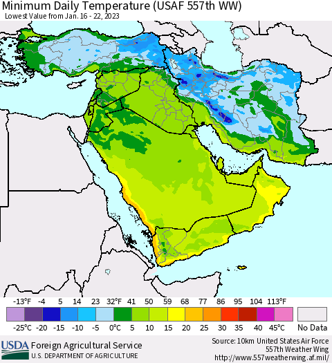 Middle East and Turkey Minimum Daily Temperature (USAF 557th WW) Thematic Map For 1/16/2023 - 1/22/2023